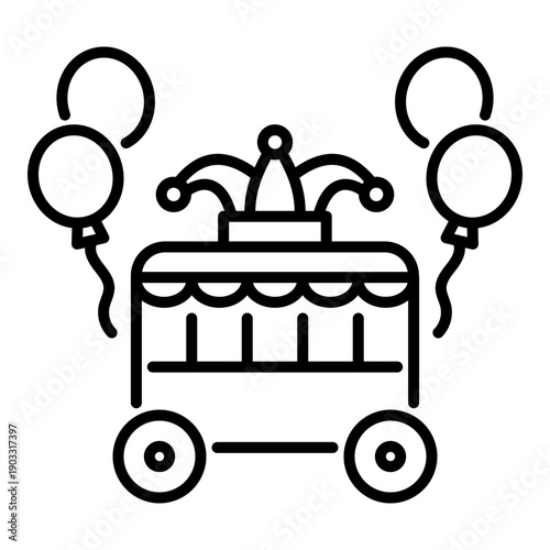 Carnival parade float icon with clown hat and balloons, symbolizing festival, fun, and joyful celebration.