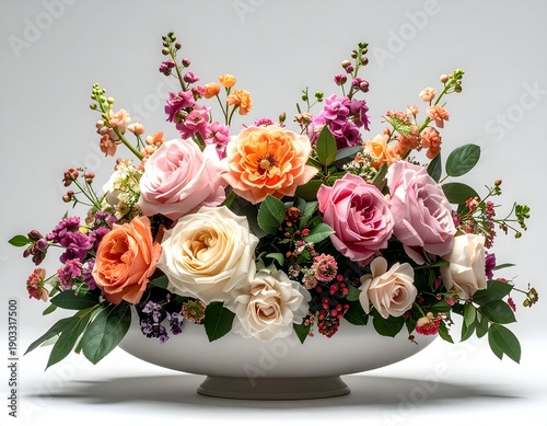 Elegant floral arrangement in a white bowl with roses, stock, and greenery