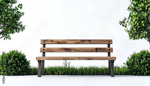 A park bench sits between trees and bushes on a white background, inviting seating