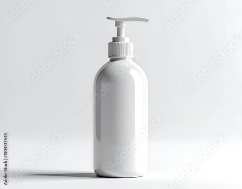 A white, cylindrical pump bottle for dispensing liquids, slightly angled, on a white background