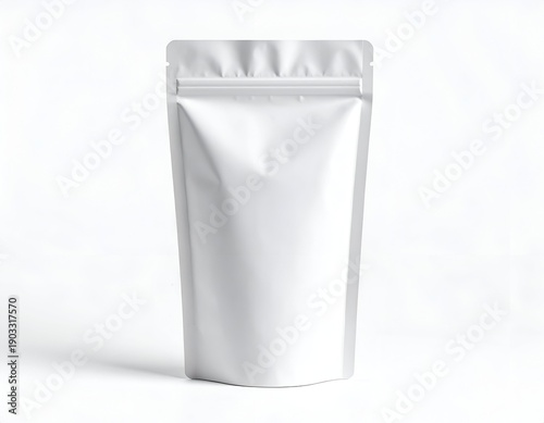 A standing, blank white pouch with a zip closure and a shiny, metallic texture