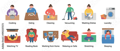 Collection of flat vector illustrations showing people engaged in various daily routines and household chores like cooking, cleaning, working, relaxing, and sleeping in a simple cartoon style