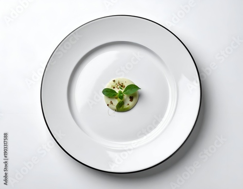 Overhead view of a single appetizer on a white plate with dark trim, minimal plating