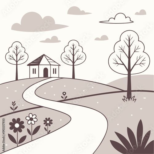 Minimalist vector illustration of a fantasy land with layered elements and soft gradients, suggesting a wondrous journey.