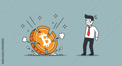 Businessman shocked by a broken Bitcoin coin symbolizing cryptocurrency market crash and financial loss.