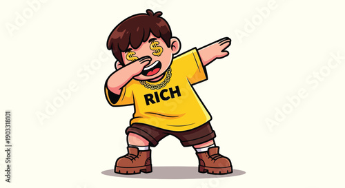 Cartoon boy dabbing with money eyes and a rich tshirt.