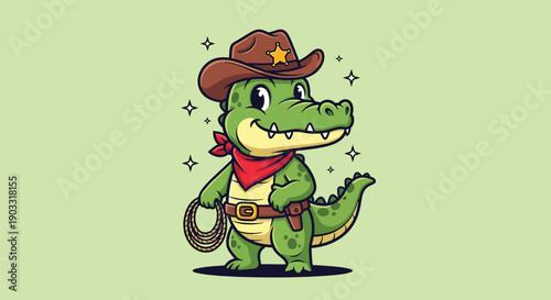 Cute Alligator Cowboy with Lasso and Hat.