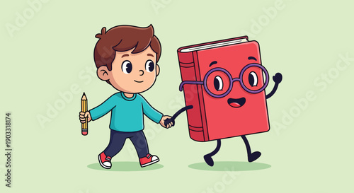 Cute boy and anthropomorphic book walking together.