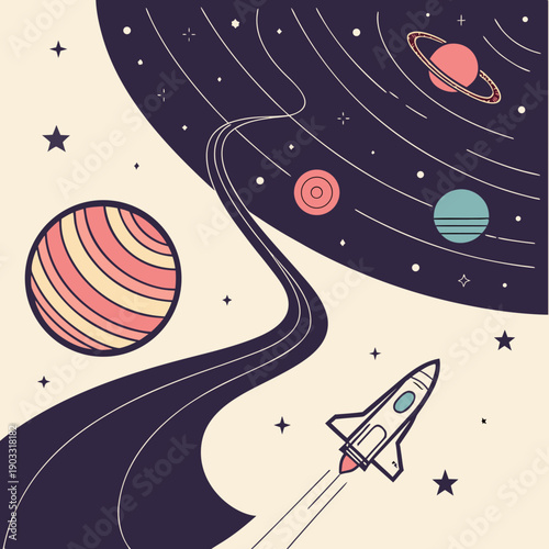 Abstract journey through a simplified cosmic landscape with swirling nebulae and stars, representing exploration of the unknown universe.