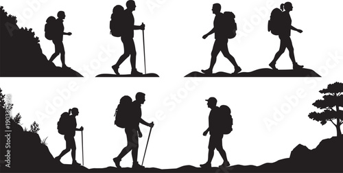 Hiking silhouette set, trekkers walking with backpacks, sticks, rocky terrain, nature exploration, outdoor activity, black vector icons for adventure, travel, fitness