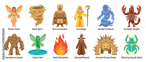 Collection of desert fantasy character icons featuring a golem, fairy, mage, and various monsters in a flat vector illustration style for video games