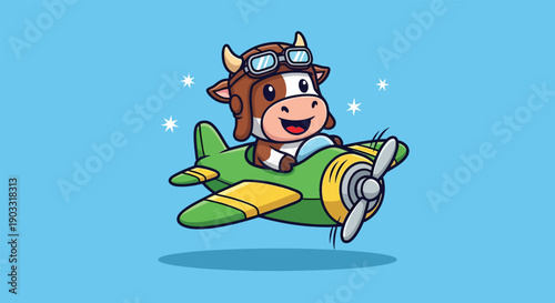 Cute Cow Pilot Flying an Airplane Cartoon Illustration.