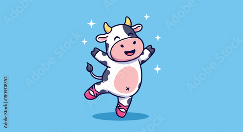 Cute Happy Cow Dancing Ballet Cartoon Vector Illustration.