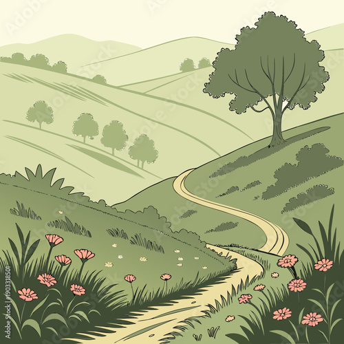 Abstract vector illustration of soft focus valleys, creating a serene and ethereal journey through blurred natural shapes.