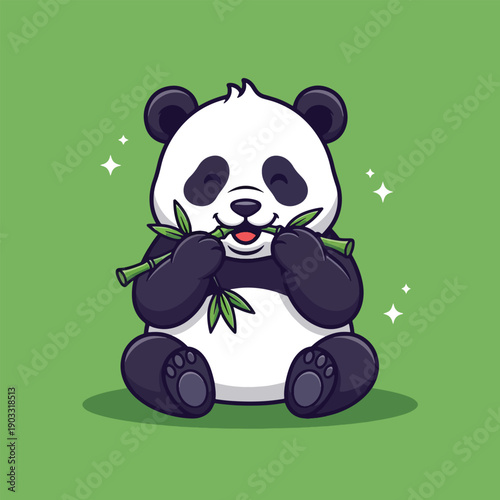 Cute Panda Eating Bamboo Leaves Cartoon Vector Illustration.