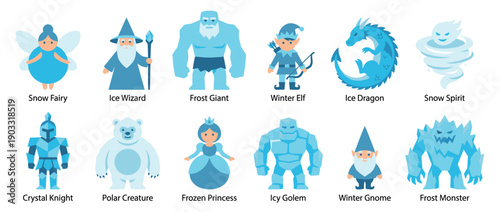 Set of twelve winter themed fantasy characters including a fairy, wizard, dragon, elf, and knight illustrated in a simple, blue, flat design vector graphic style