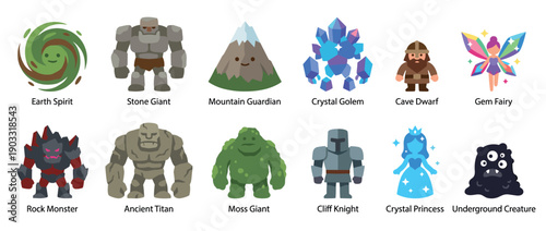 Collection of fantasy video game character icons featuring a stone giant, crystal golem, dwarf, fairy, and knight, illustrated in a cute and simple flat vector art style
