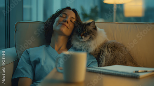 Female Nurse Resting With Fluffy Cat And Coffee On Couch