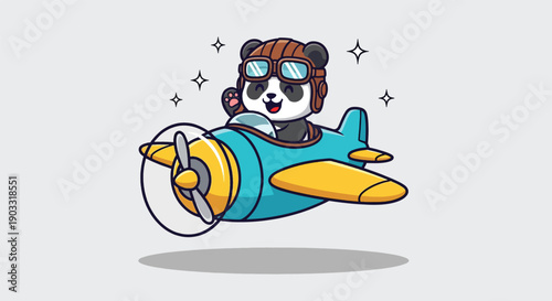 Cute Panda Pilot Flying Airplane Cartoon Illustration.