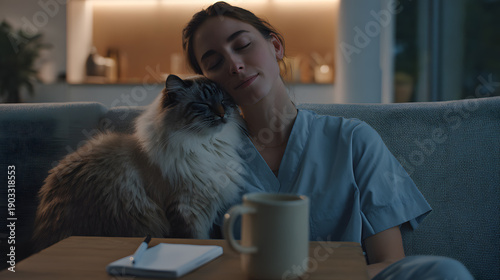 Tired Female Doctor Relaxing With Cat After Work At Home