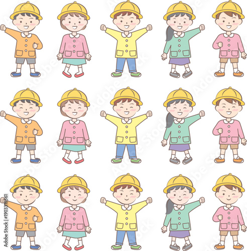 園服の子供たち　スモック　全身　バリエーション