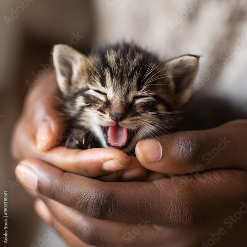 Newborn Kitten Yawning In Hands Close Up Portrait