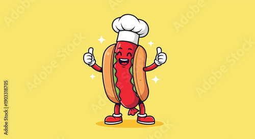 Happy Hot Dog Chef Cartoon Character Giving Thumbs Up Vector Illustration.