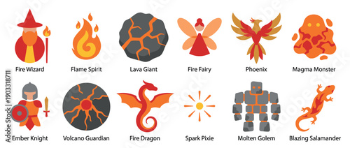 Collection of twelve fire-themed fantasy character icons in a flat vector style, featuring a wizard, dragon, golem, and phoenix for a role-playing game concept