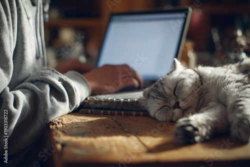 Remote Work at Home with a Sleeping Cat Beside a Laptop