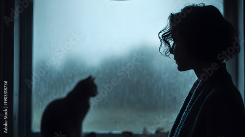 Lonely Woman Silhouette by a Rainy Window with a Cat in the Room