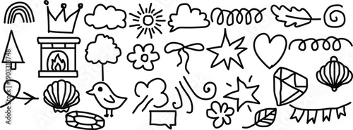 Simple sketch line style elements. Doodle cute ink pen line elements isolated on white background.