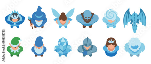 Set of twelve fantasy game characters including a dragon, wizard, knight, and elf, shown from a top-down perspective in a flat, minimalist vector illustration style for an RPG