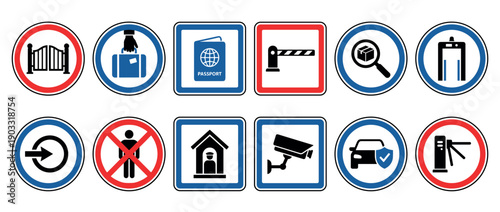 Security and access control vector icon set showing checkpoints, passport inspection, surveillance cameras, metal detectors, and restricted entry signs for various applications