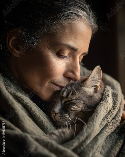Middle Aged Woman Holding Her Cat Close for Comfort and Calm
