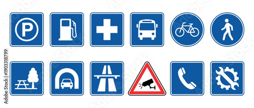Collection of various European road signs providing information and warnings, including symbols for parking, fuel, hospital, motorway, tunnel, and surveillance in a flat vector illustration style