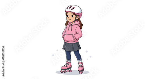 Young girl in pink hoodie and helmet on roller skates Illustration.