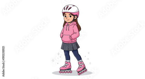 Young girl in pink hoodie and helmet on rollerblades.
