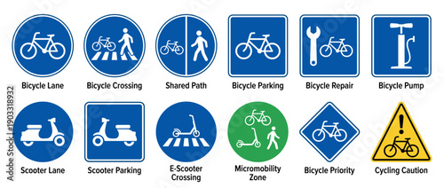 Set of twelve road signs for urban micromobility, including bicycle lanes, scooter parking, shared paths, repair stations, and pedestrian crossings for city navigation
