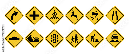 Collection of yellow diamond-shaped warning road signs showing various traffic hazards like slippery roads, pedestrian crossings, and construction work in a flat vector style