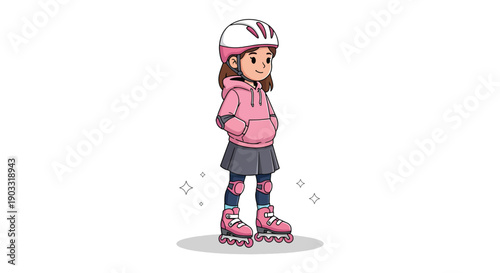 Young girl in pink hoodie and roller skates with helmet.