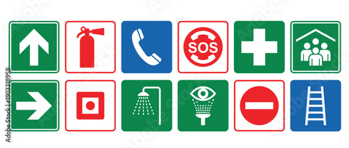 Collection of various safety signs and pictograms for emergency situations, showing fire extinguisher, first aid, exit, SOS, and eyewash symbols in a flat graphic style