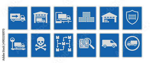 Set of blue rectangular logistics signs showing icons for delivery trucks, warehouses, shipping containers, hazardous materials, and freight inspection for the transport industry