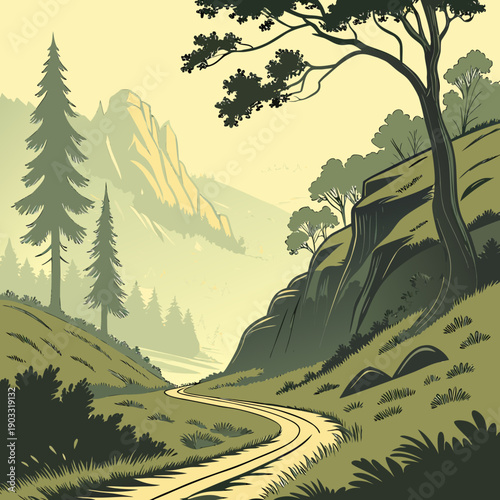 Stylized journey through unknown, abstract terrain with layered elements, representing exploration and mystery.