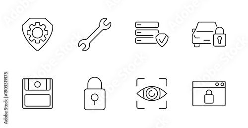 Cybersecurity set icon. Shield, wrench, database, car, floppy disk, padlock, eye scan, browser, system safety, privacy, digital access, configuration, encryption.