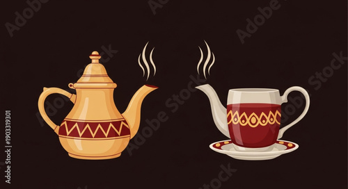 Traditional Moroccan Tea Set with Steaming Hot Beverage.