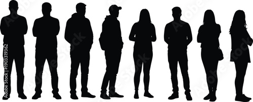 Silhouette group of people standing, men and women posing, casual clothing, teamwork concept, business crowd illustration, diverse individuals, human figure art