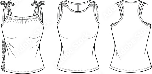 CAD drawing, flat vector illustration, women tank top, technical fashion sketch, sleeveless design, apparel template, garment front back view