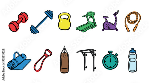 Colorful gym and fitness equipment icon set featuring a dumbbell, barbell, kettlebell, and treadmill in a hand-drawn doodle style illustration for workout concepts