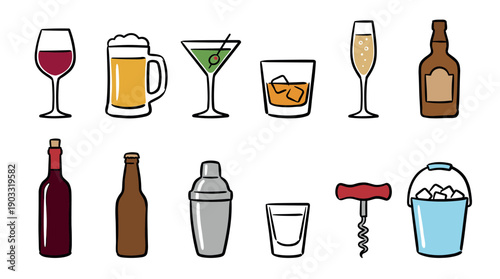 Collection of hand-drawn alcoholic beverage and barware icons showing wine, beer, cocktails, and spirits in a simple, colorful doodle illustration style for party or menu concepts