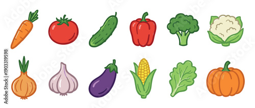 Colorful collection of various vegetable icons illustrated in a cute cartoon style, featuring a carrot, tomato, pepper, broccoli, corn, and pumpkin for healthy diet concepts